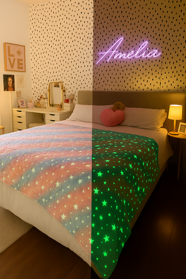 Glow In The Dark Rainbows & Stars Blanket + FREE TORCH